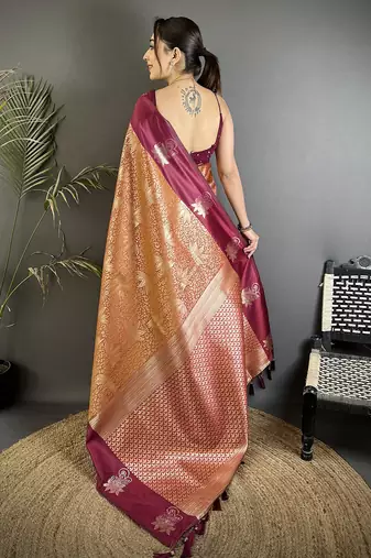 wine soft silk blend intricate rose gold zari weaving dharmavaram saree