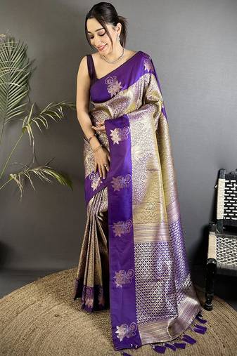 purple soft silk blend intricate rose gold zari weaving dharmavaram saree
