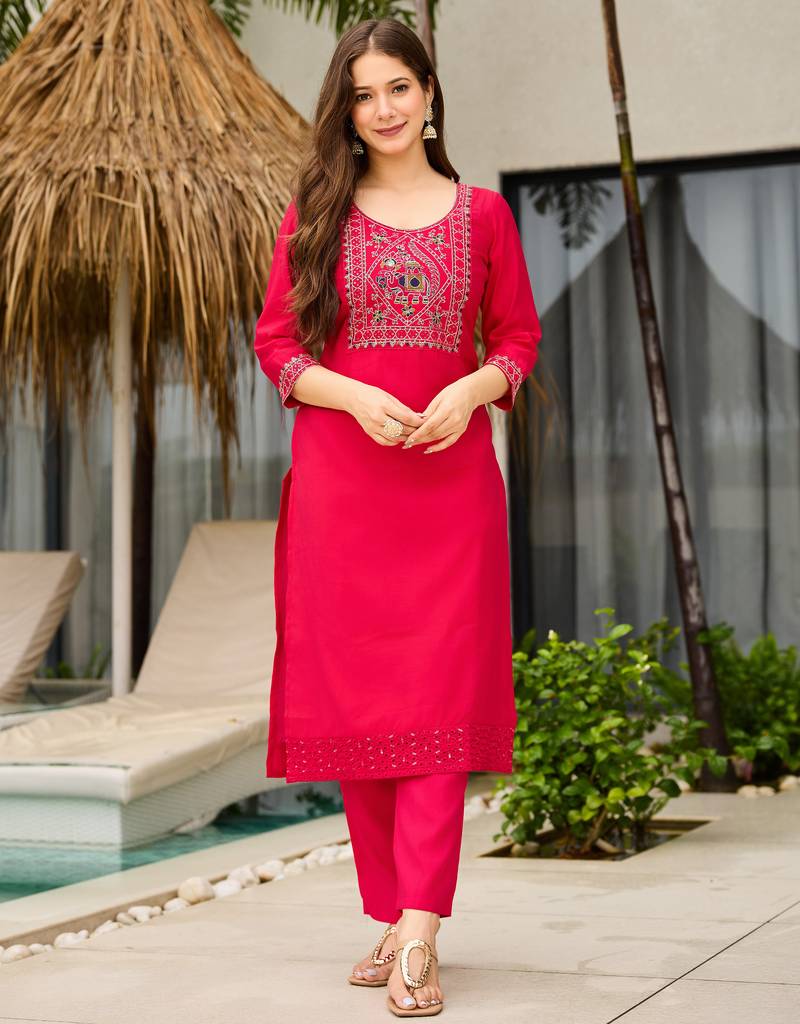 Roman silk hot pink embroidered salwar suit