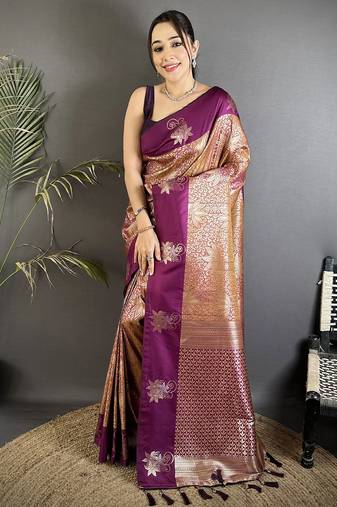 wine soft silk blend intricate rose gold zari weaving dharmavaram saree