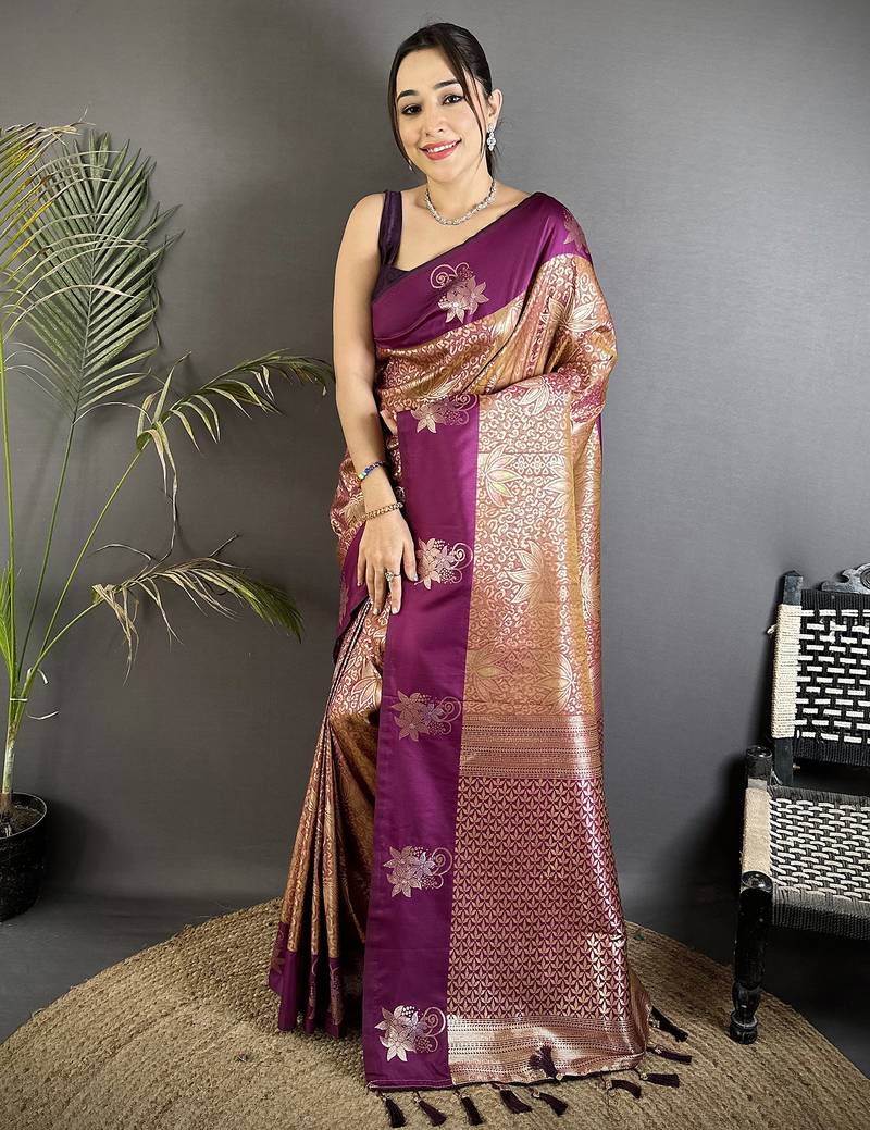 wine soft silk blend intricate rose gold zari weaving dharmavaram saree