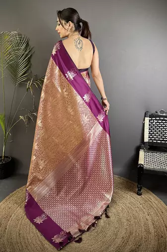 wine soft silk blend intricate rose gold zari weaving dharmavaram saree