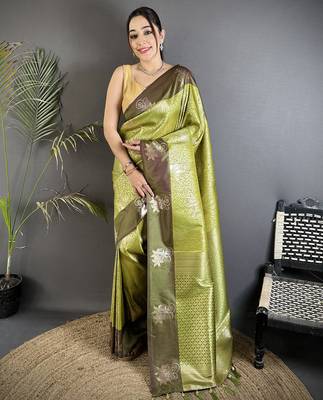 dusty green soft silk blend intricate rose gold zari weaving dharmavaram saree 1