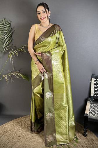 dusty green soft silk blend intricate rose gold zari weaving dharmavaram saree