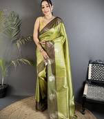 dusty green soft silk blend intricate rose gold zari weaving dharmavaram saree
