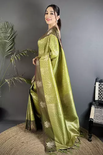 dusty green soft silk blend intricate rose gold zari weaving dharmavaram saree