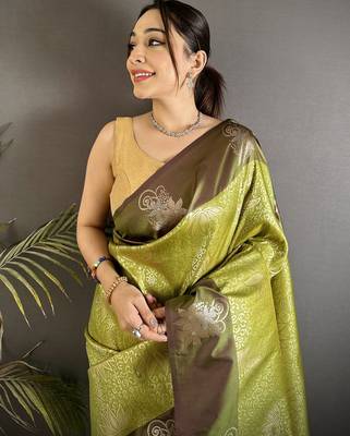 dusty green soft silk blend intricate rose gold zari weaving dharmavaram saree 4