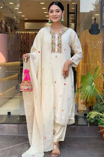 Off white embroidered chinon trendy salwar kameez