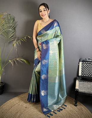 pista green soft silk blend intricate rose gold zari weaving dharmavaram saree 1