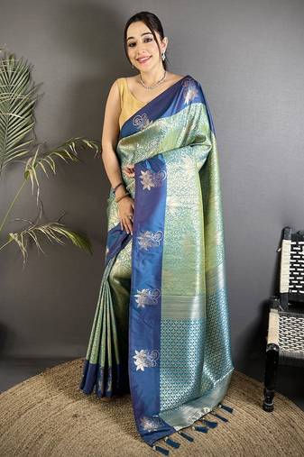 pista green soft silk blend intricate rose gold zari weaving dharmavaram saree