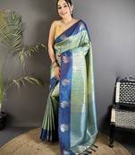 pista green soft silk blend intricate rose gold zari weaving dharmavaram saree