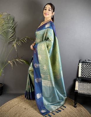 pista green soft silk blend intricate rose gold zari weaving dharmavaram saree 2