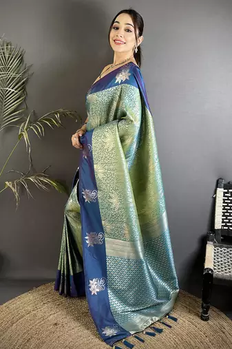 pista green soft silk blend intricate rose gold zari weaving dharmavaram saree