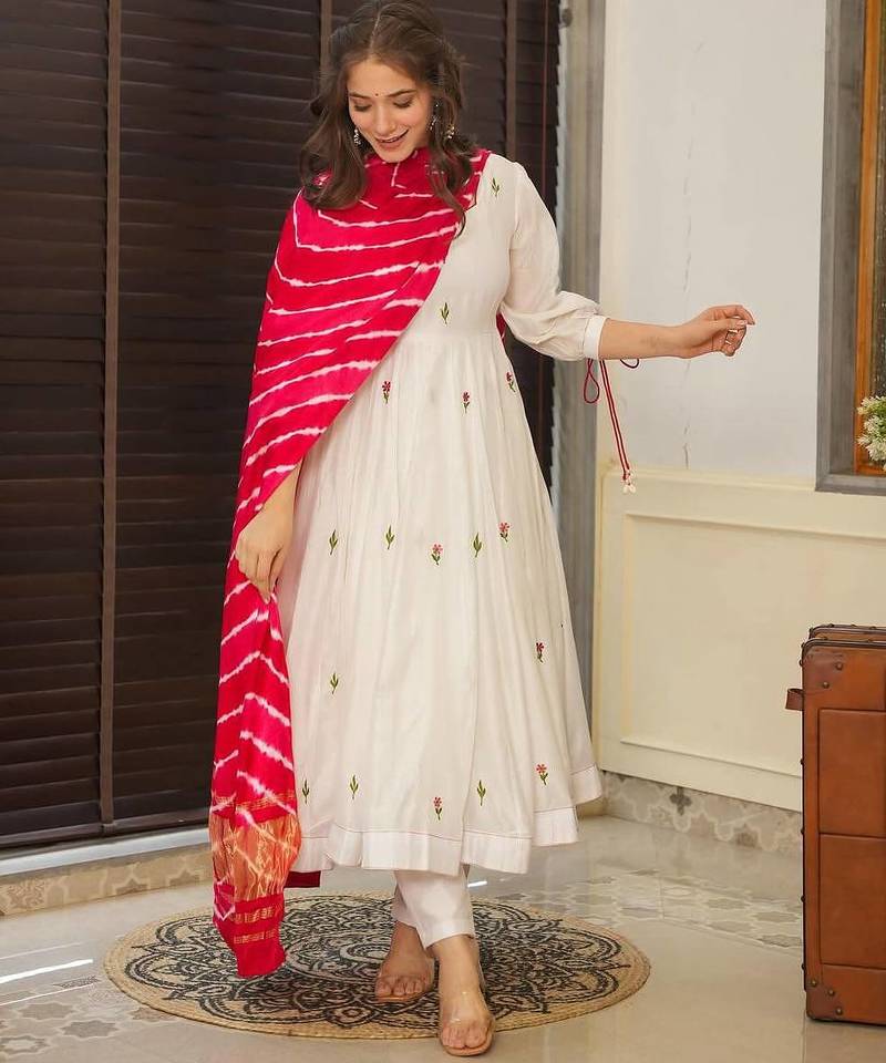 White color chanderi with embroidery work beautiful anarkali kurta set