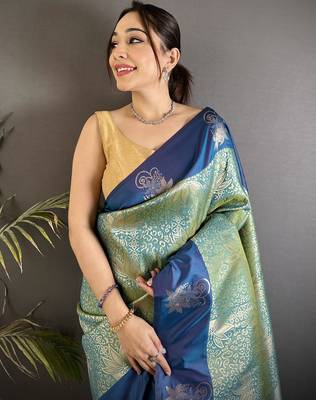 pista green soft silk blend intricate rose gold zari weaving dharmavaram saree 4