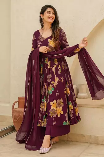Wine printed rayon anarkali kurta palazzo set