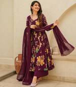 Wine printed rayon anarkali kurta palazzo set