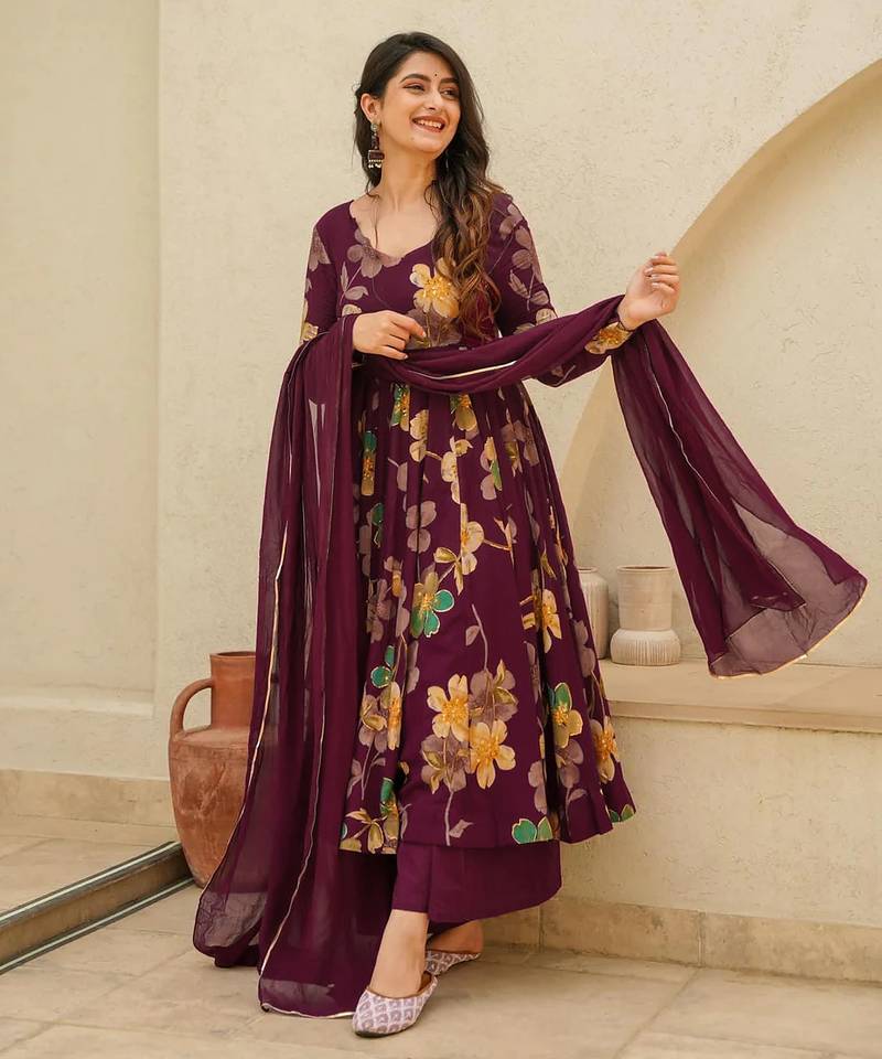 Wine printed rayon anarkali kurta palazzo set