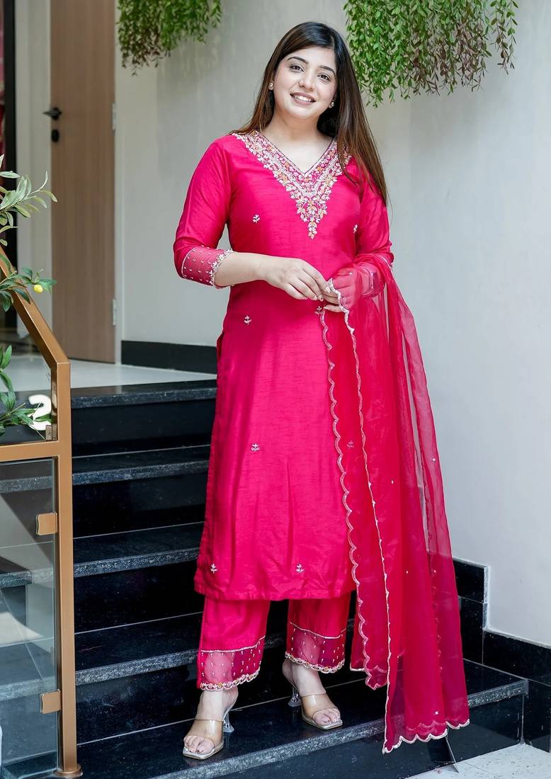 Embroidered rani pink viscose chanderi festival trendy salwar kameez