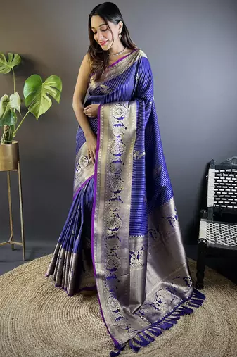royal blue soft silk blend striped with floral motifs zari jacquard weaving leheriya saree