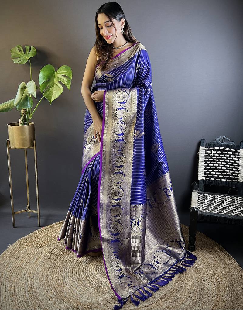 royal blue soft silk blend striped with floral motifs zari jacquard weaving leheriya saree