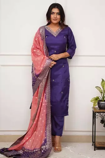 Embroidered sequins vichitra salwar suit in purple
