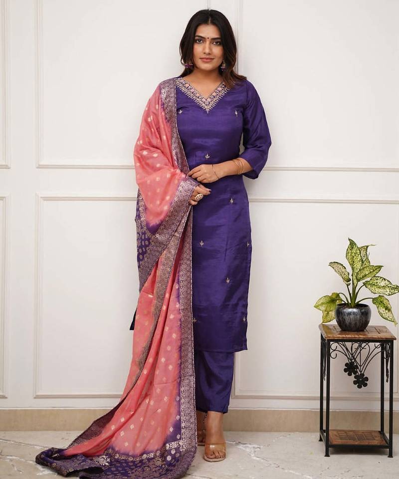 Embroidered sequins vichitra salwar suit in purple