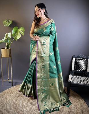 green soft silk blend striped with floral motifs zari jacquard weaving leheriya saree 1
