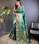 green soft silk blend striped with floral motifs zari jacquard weaving leheriya saree