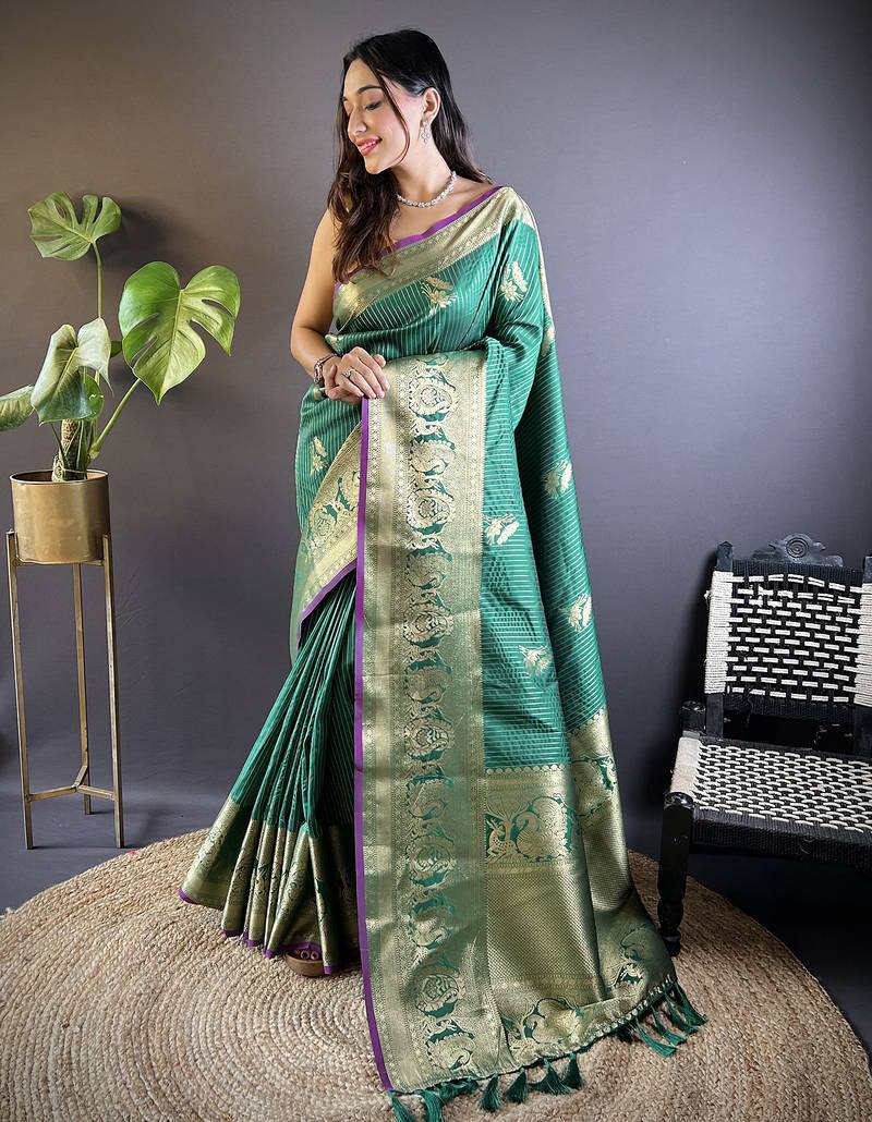 green soft silk blend striped with floral motifs zari jacquard weaving leheriya saree