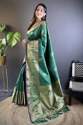 green soft silk blend striped with floral motifs zari jacquard weaving leheriya saree