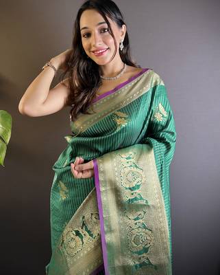 green soft silk blend striped with floral motifs zari jacquard weaving leheriya saree 4