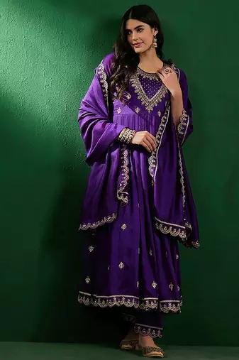Purple color vichitra fabric ethnic and festive wear readymade kurta set