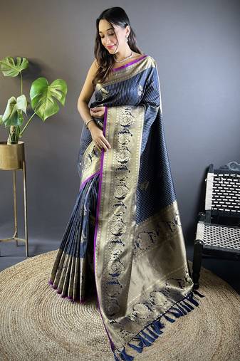 navy blue soft silk blend striped with floral motifs zari jacquard weaving leheriya saree