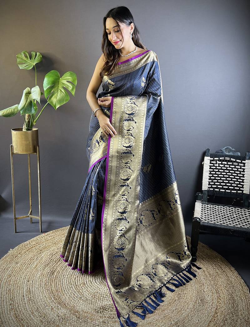 navy blue soft silk blend striped with floral motifs zari jacquard weaving leheriya saree