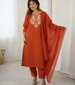 Rust embroidered chanderi silk trendy straight salwar kameez