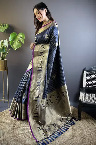 navy blue soft silk blend striped with floral motifs zari jacquard weaving leheriya saree