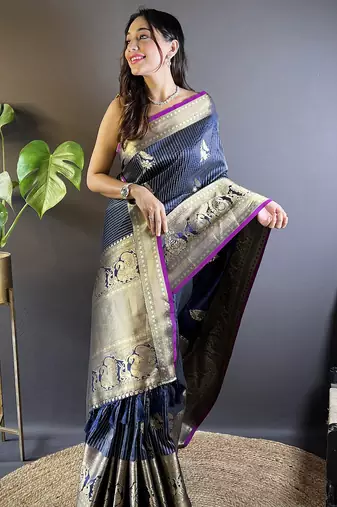 navy blue soft silk blend striped with floral motifs zari jacquard weaving leheriya saree