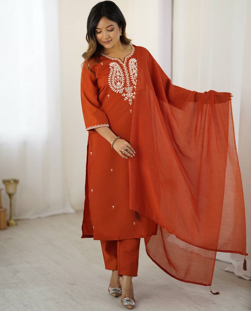 Rust embroidered chanderi silk trendy straight salwar kameez