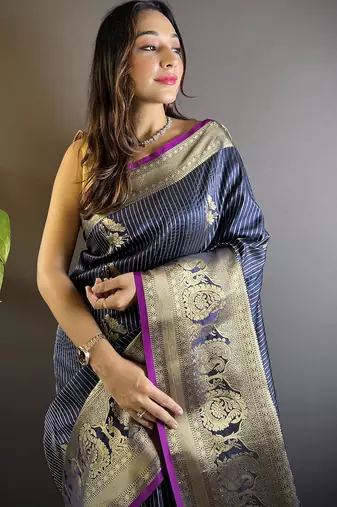 navy blue soft silk blend striped with floral motifs zari jacquard weaving leheriya saree