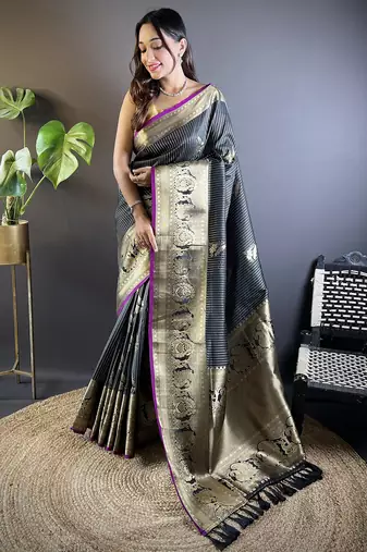 black soft silk blend striped with floral motifs zari jacquard weaving leheriya saree