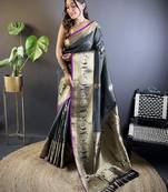 black soft silk blend striped with floral motifs zari jacquard weaving leheriya saree