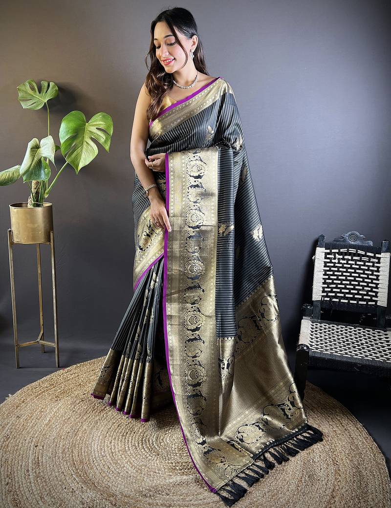 black soft silk blend striped with floral motifs zari jacquard weaving leheriya saree