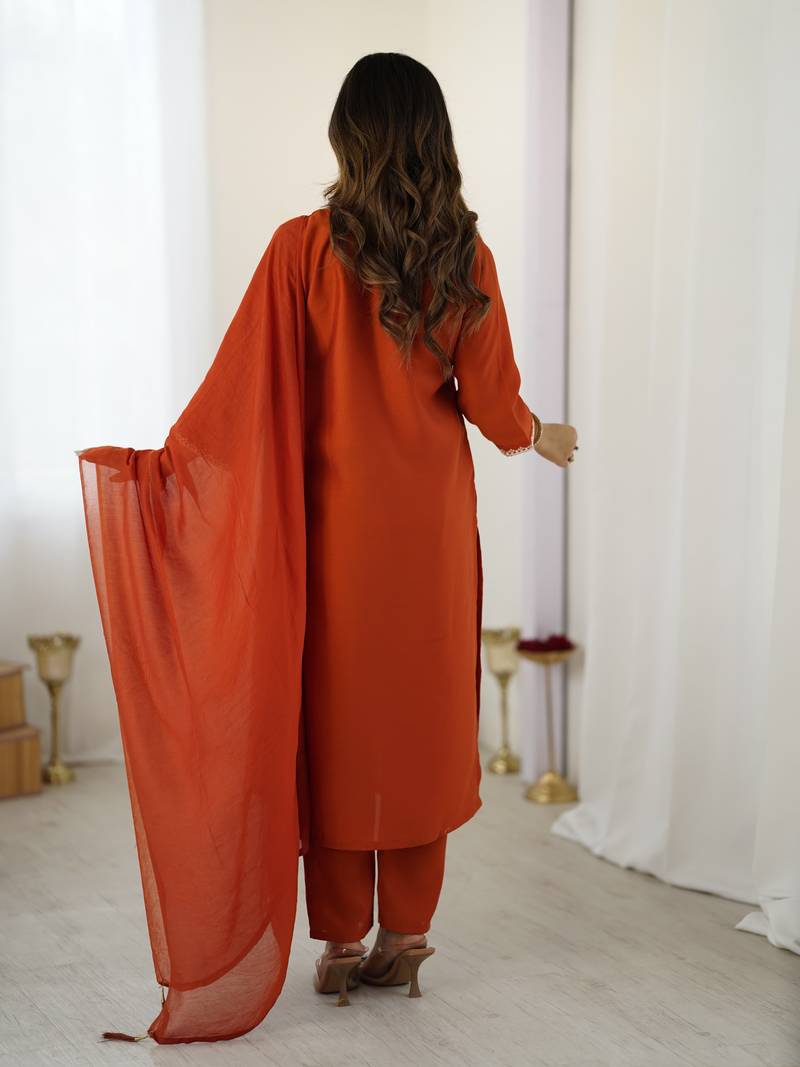 Rust embroidered chanderi silk trendy straight salwar kameez