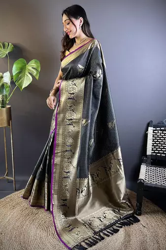 black soft silk blend striped with floral motifs zari jacquard weaving leheriya saree