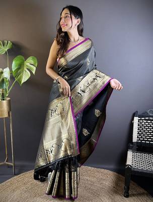 black soft silk blend striped with floral motifs zari jacquard weaving leheriya saree 3