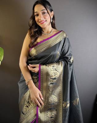 black soft silk blend striped with floral motifs zari jacquard weaving leheriya saree 4