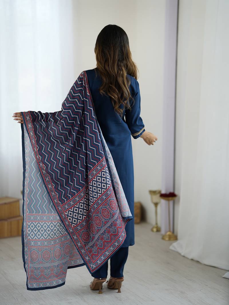 Navy blue embroidered chanderi silk salwar suit