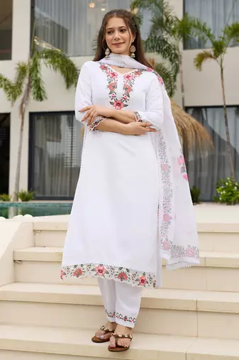 White embroidered viscose designer salwar kameez