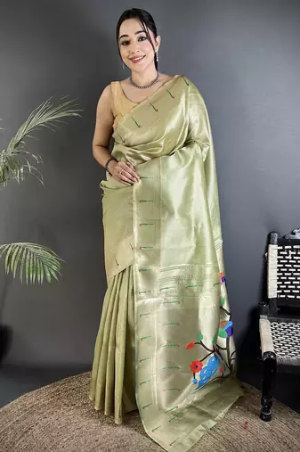 lime green tissue minakari plain zari weaving paithani saree